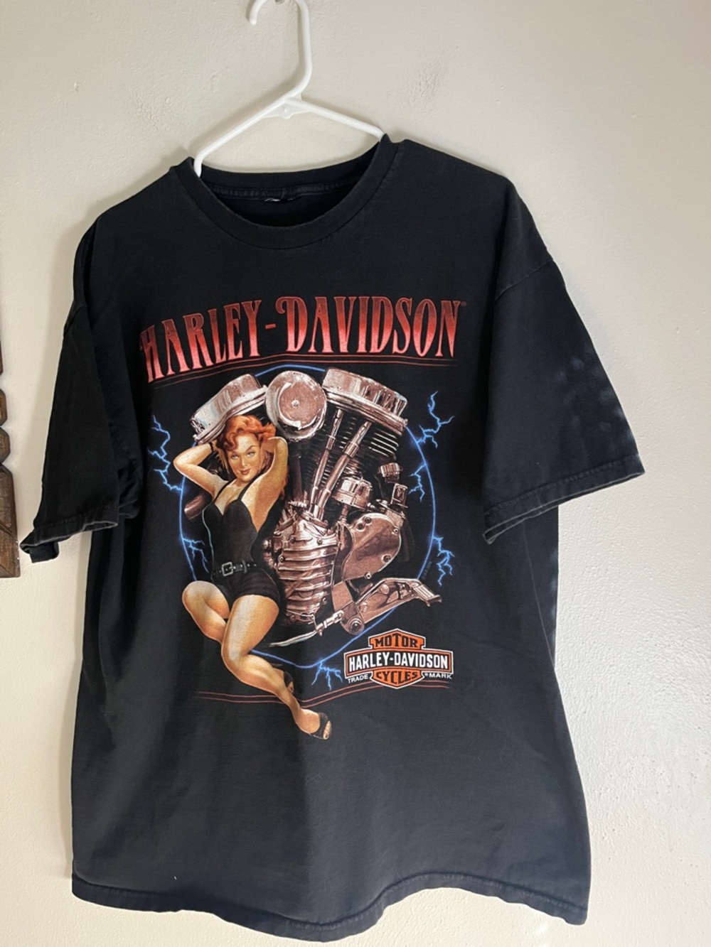 2013 Harley-Davidson Black Tee with Red Logo and Multicolor Pinup Print